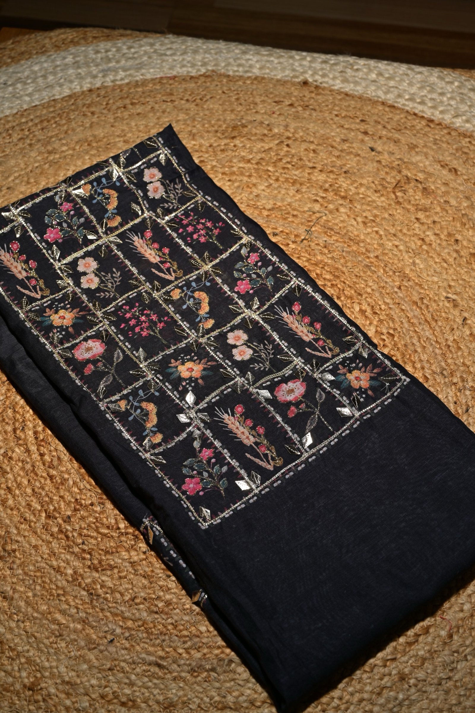 Unstitched Lenin Black Cotton embroidery suit